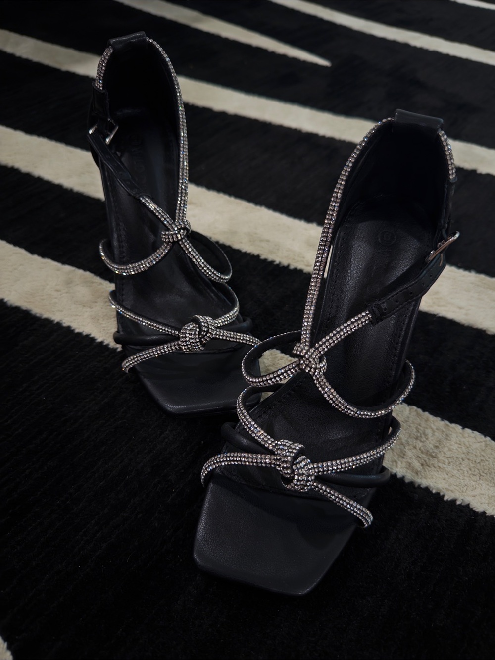 Wild Diva Black Rhinestone Knot Strap Heels. Size 6. New